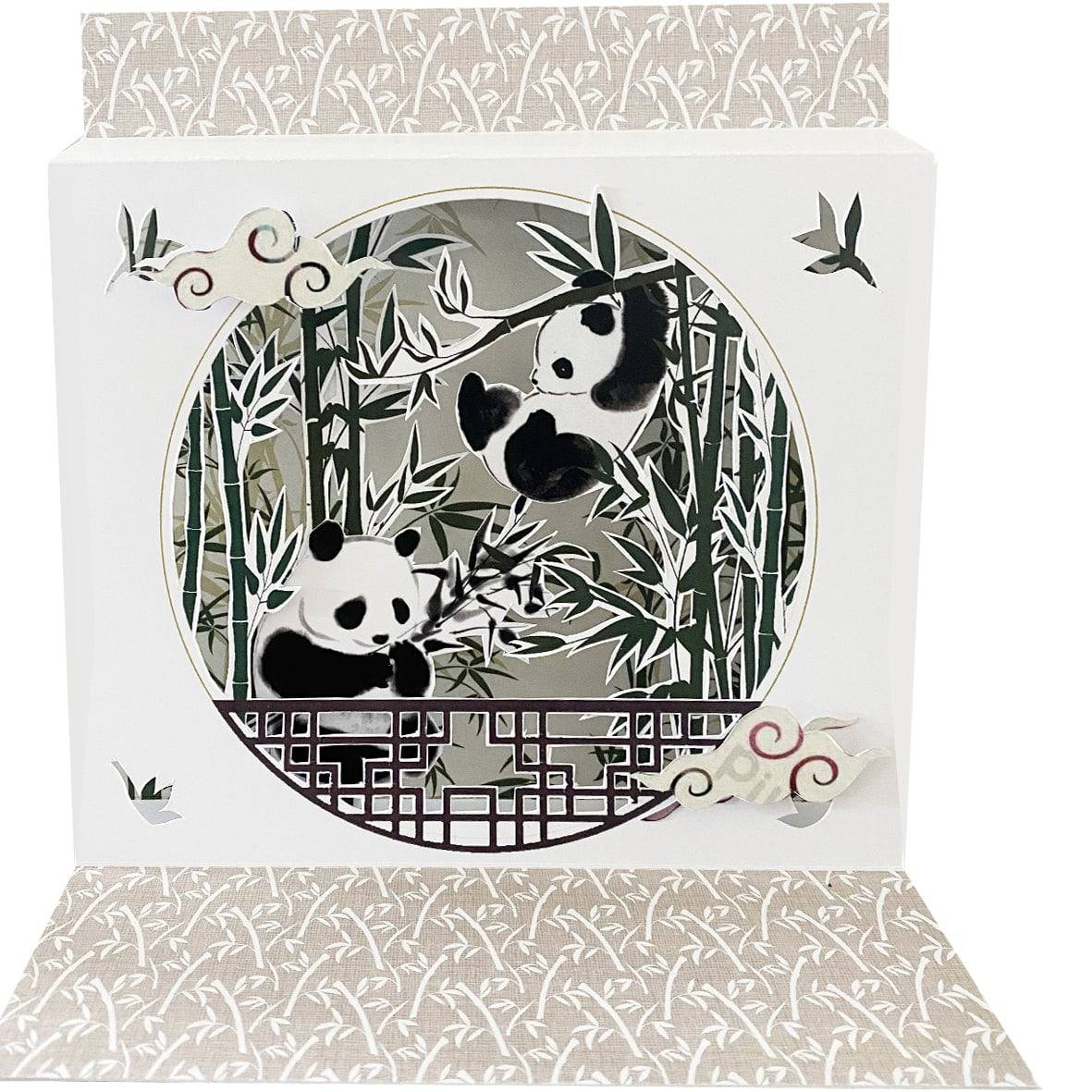 Pictura pandas large pop-up card featuring colorful paper pandas in a playful scene, designed for celebrating special occasions.